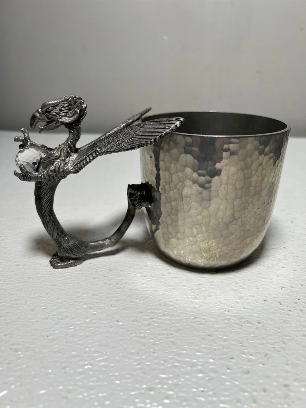 Ballema Bay Pewter Hammered Silver Cup with Decorative Winged Dragon Handle 1990